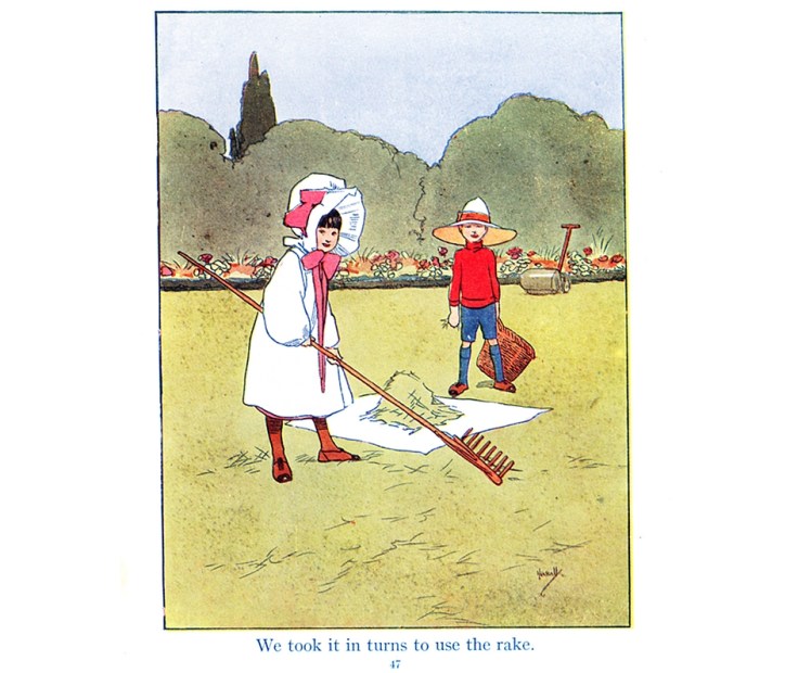 Children raking grass. Illustration by John Hassall.