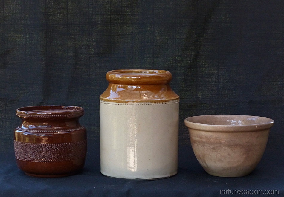VIntage stoneware jars and a bowl from a collection of family kitchenalia