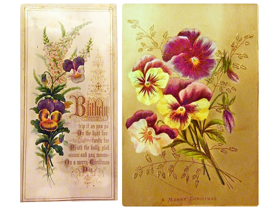 Vintage Christmas cards featuring pansies
