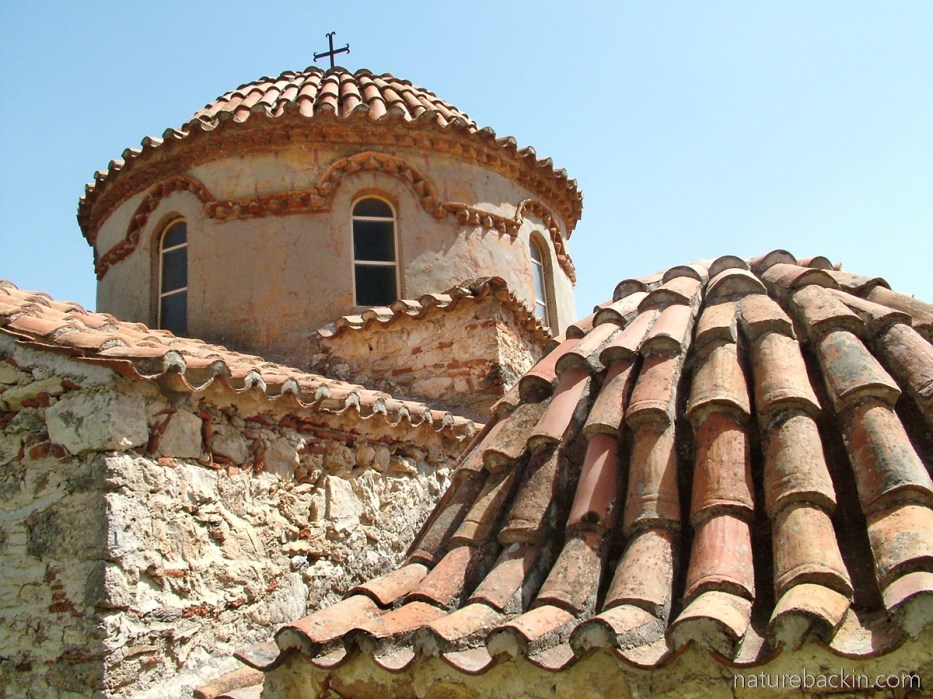 Details of tiles and dome on a church at Mystras, Greece