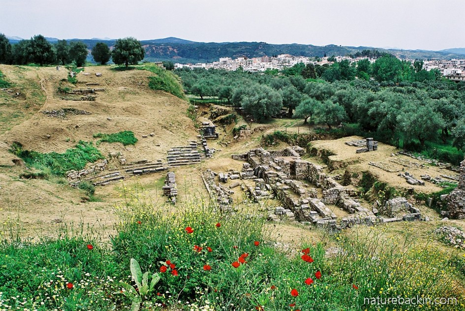 View over the old Acropolis and remains of a Roman theatre in Sparti, Greece