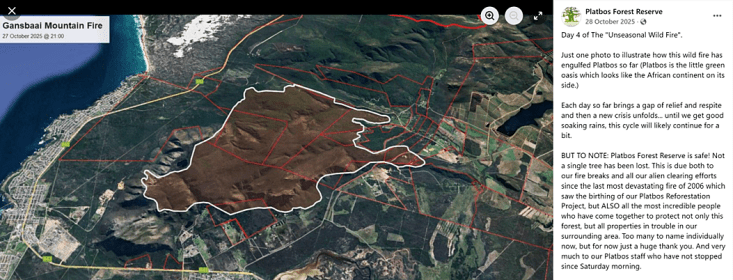 Map of Gansbaai Mountain fire, Overstrand, October-November 2025